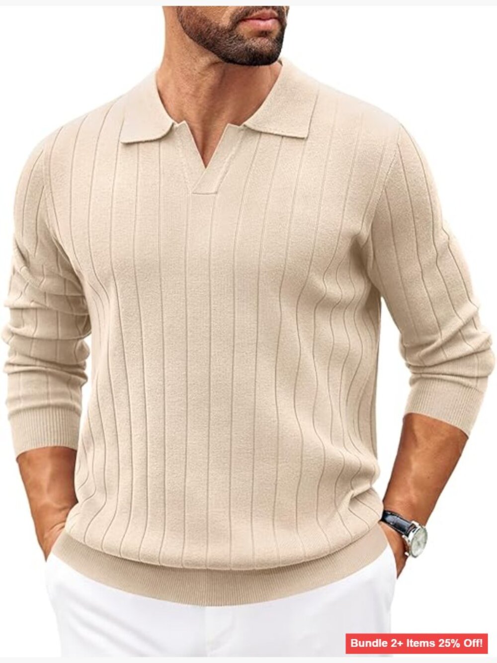Men's Long Sleeve Polo Sweater Lightweight Stretch Fabric V-Neck Pullover